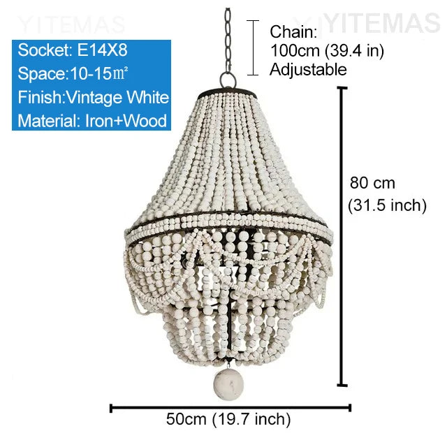 Blue Grey Wooden Beads 8 Lights Chandeliers For Foyers Vintage White Chandelier Lighting Bedroom Living Room Boho Pendant Light