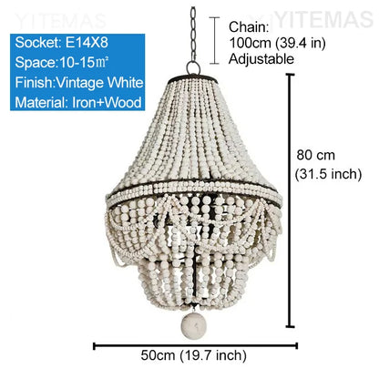 Blue Grey Wooden Beads 8 Lights Chandeliers For Foyers Vintage White Chandelier Lighting Bedroom Living Room Boho Pendant Light