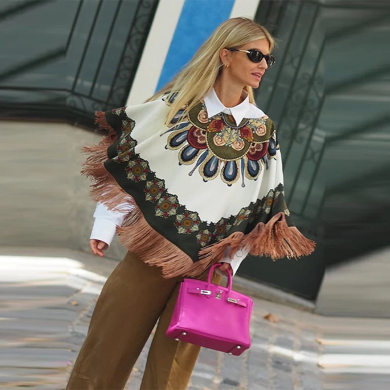 Elegant Printed Women's Shawl Fringed O-Neck Irregular Lady Cape 2026 Spring Summer Fashion Female Tassels Street Wear