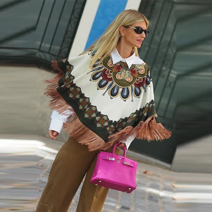 Elegant Printed Women's Shawl Fringed O-Neck Irregular Lady Cape 2026 Spring Summer Fashion Female Tassels Street Wear