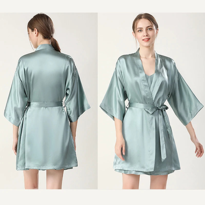 100% Real Silk Pajamas for Women Summer Two-Piece Set Sexy Cami Nightgown & Robe Set Mulberry Silk Sleepwear Autumn Winter