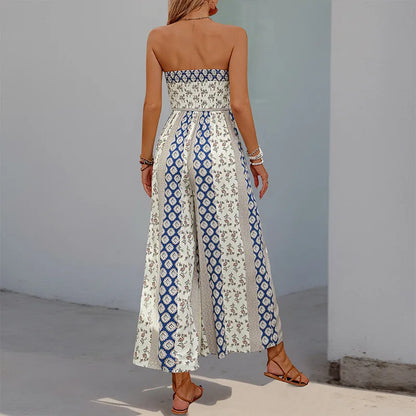 Cotton Rayon Floral Printed Sexy Strapless Jumpsuit Women Casual Bow Boho Beach Summer One Piece Women's Jumpsuits Bohemian