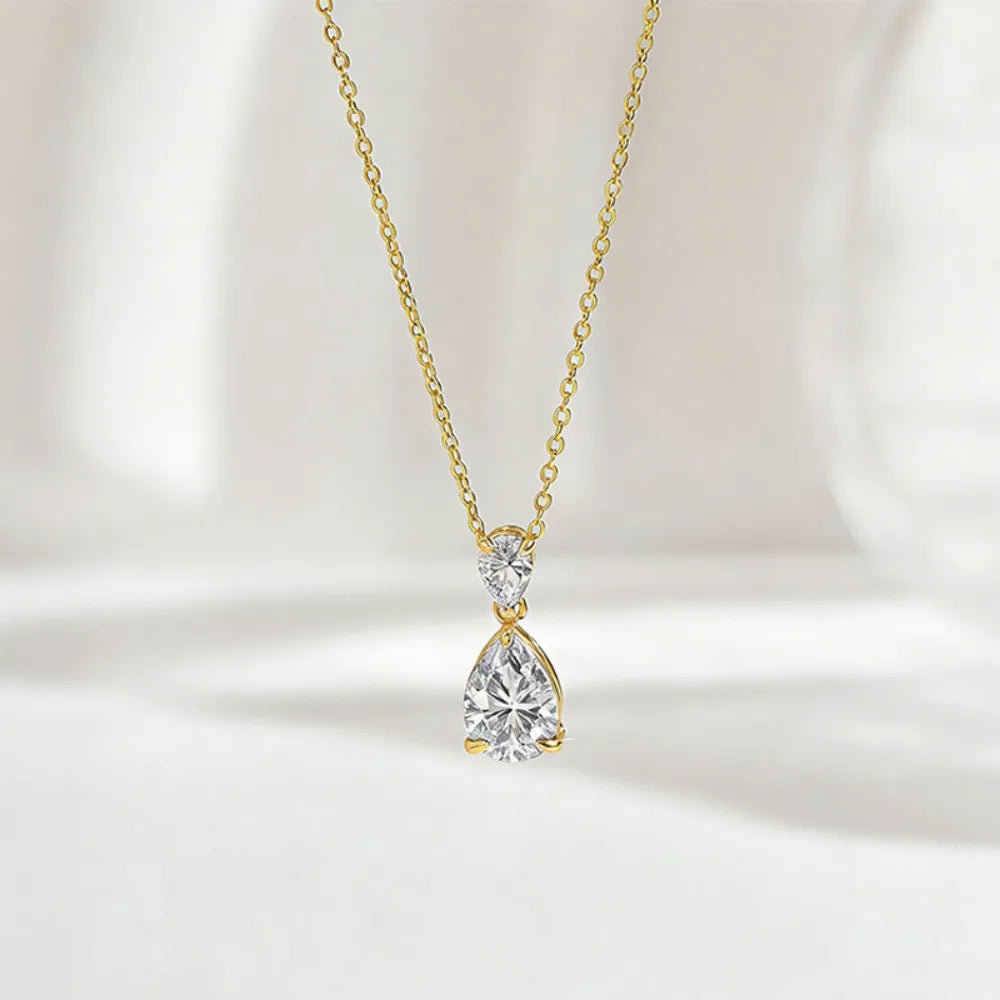 2-Stone 2.5cttw Waterdrop Moissanite Pendant Necklace for Women S925 Silver Plated 18k Gold Pear Cut Diamond NeckChain Jewelry