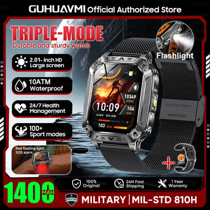 2026 New Military outdoor 1400mAh Battery SmartWatch Men Waterproof Call 2.01" HD AMOLED Sports Heart rate Flashlight Smart Band