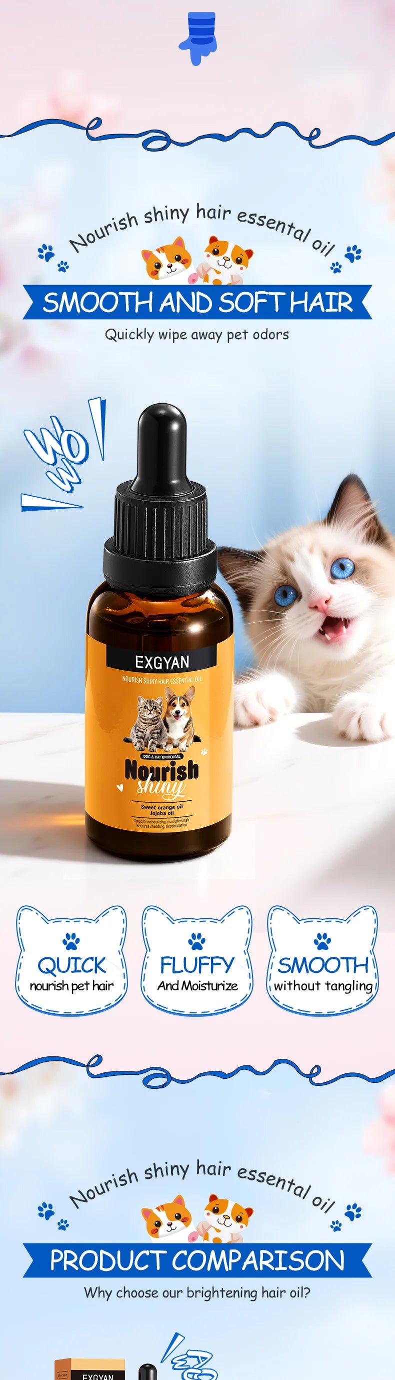 Pet dogs, cats, nourishing and brightening hair care essential oils, smooth and long-lasting fragrance, deodorizing
