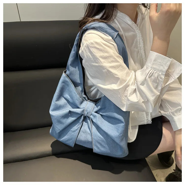 Sweet Bowknot Design Women's Denim Shoulder Bags Commuter Thread Ladies Handbags Casual Lightweight Female Underarm Tote Bag