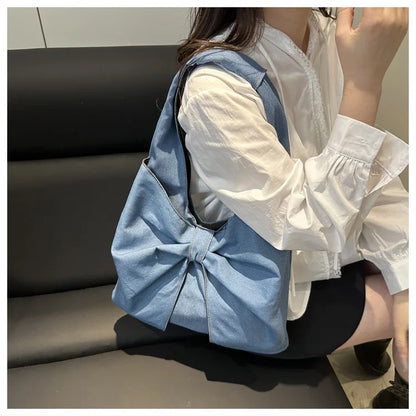 Sweet Bowknot Design Women's Denim Shoulder Bags Commuter Thread Ladies Handbags Casual Lightweight Female Underarm Tote Bag