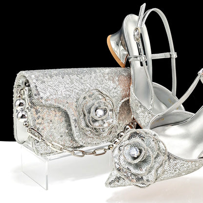 QSGFC Shiny Gold Color Shoes and Bag Elegant Handbags and Medium Heel Shoes Beautiful Handmade Flowers For Wedding Party
