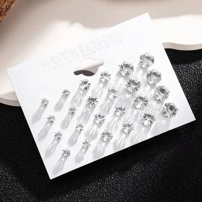 New 12 Pair Pack White Shiny Wedding Stud Earrings Set For Women Men Crystal Rhinestone Earrings Party Jewelry Accessories Gifts