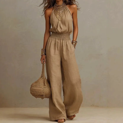 Women's Halter Neck Smocked Linen Blend Jumpsuit Waist Wide Leg Long Romper Casual Sleeveless Summer Beach Vacation Jumpsuits