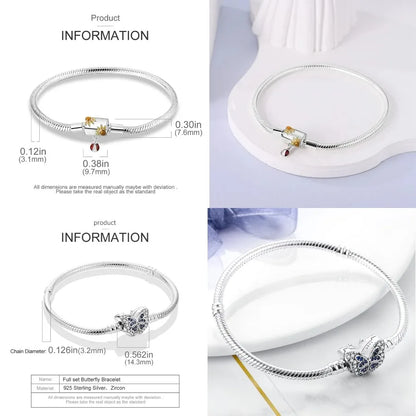 Silver 925 Bracelet Original Bracelets Colorful Zircon Heart Flower Cat Snake Chain For DIY Charms 17-20CM Luxury Jewelry Gifts