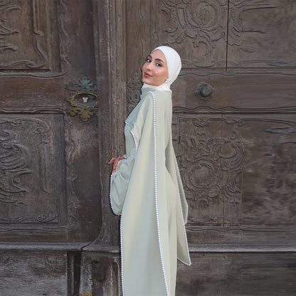 White Pearl Trim Cape Maxi Dress Women Elegant Long Sleeve Cinched Waist Muslim Robes 2026 Spring EID Abaya Lady Dresses