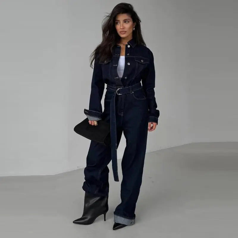 Chic Denim Women's Jumpsuit Turn-Down Collar Lace Up Full Sleeve Lady Long Jumpsuits 2026 Spring Casual Female Streetwear