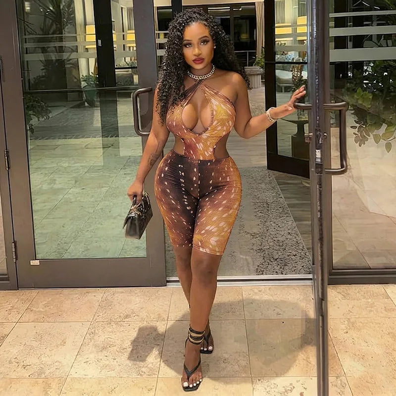 FAGADOER Deer Print Sexy Hollow Out Romper Hot Girl Bandage Halter Shorts Backless Bodycon Jumpsuits New Trendy Streetwear