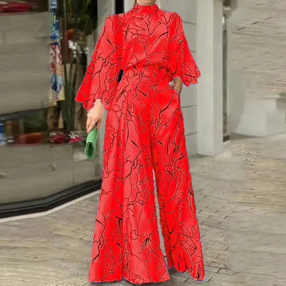 Casual Elegant Jumpsuits Women Autumn New Loose Long Pants Long Sleeve Printed High Waist Wide Leg Jumpsuit Commuting Playsuits