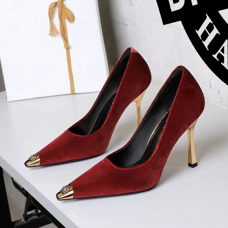 Women Peach Pink Velvet Metal Capped Pointed Toe Pumps Gold Trapezoid Thin High Heels Gentle Retro Luxury Date Banquet Ladies