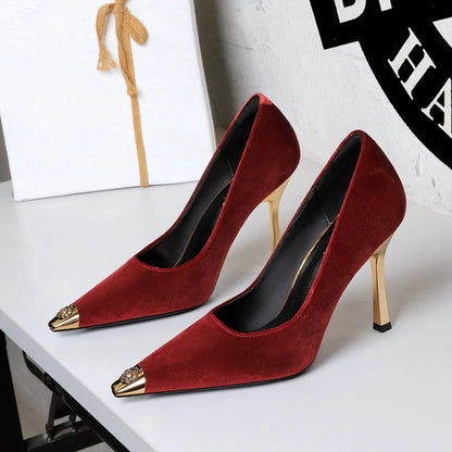 Women Peach Pink Velvet Metal Capped Pointed Toe Pumps Gold Trapezoid Thin High Heels Gentle Retro Luxury Date Banquet Ladies