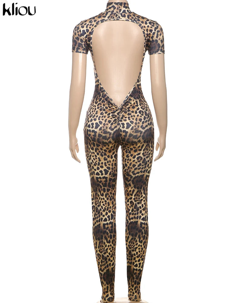 kliou Sexy Printed Women Jumpsuits Fashion New Back Hollow Full Sleeve Stand Collar Slim Overalls Female Midnight Party Clubwear