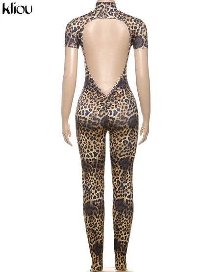 kliou Sexy Printed Women Jumpsuits Fashion New Back Hollow Full Sleeve Stand Collar Slim Overalls Female Midnight Party Clubwear
