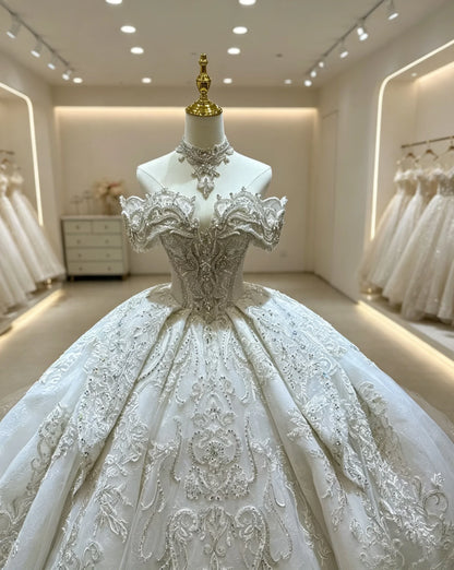 Luxury Off Shoulder Wedding Dress For Bride Heavy Beaded Rhinestone Bridal Gown High Neck Decor Cathedral Train Lace‑Up Custom