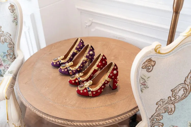 Purple Velvets Women Shallow Pumps Round Toe Crystal Gold Decorations Chunky High Heels 10cm Wine Red Prom Party Creepers Sapato