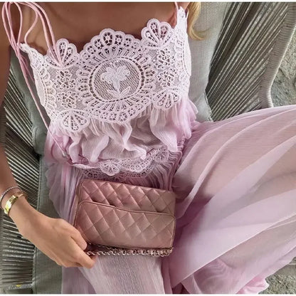 Floral Lace Embroidered Sheer Sling 2 Pcs Set Spaghetti Strap Crop Top High Waist Lantern Pants 2026 Summer Beach Women Outfits