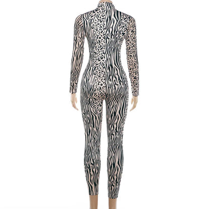 Zebra Stripes Leopard Print Skinny Jumpsuits Women Sexy See Through Mesh Patchwork Half High Collar Full Sleeve Slim Overalls