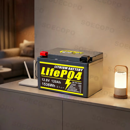 SOECOPO 12V 120Ah Portable LiFePO4 Battery 1536Wh LCD Screen USB Output for Home Camping Fishing Trolling Motor Power Bank