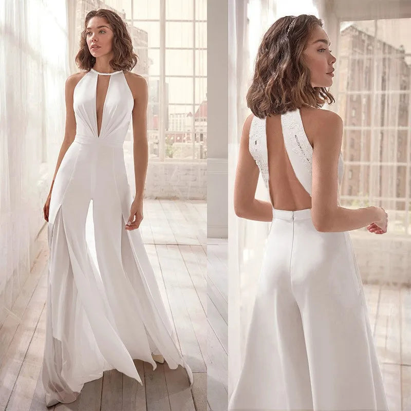 White/Black Halter Neck Backless Jumpsuits For Women Elegant Lace Trim Wide Leg Jumpsuit Wedding Bridesmaid Evening Party Prom
