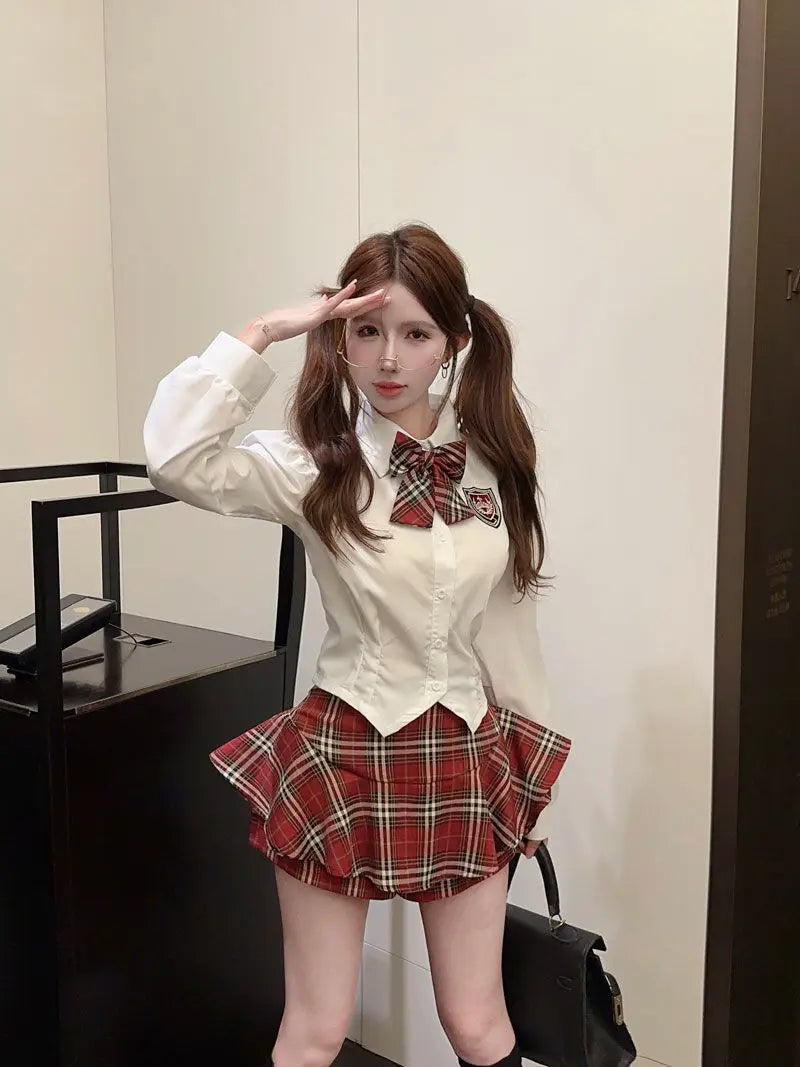 2025 improved cute sexy korea jk suit women autumn jk school uniform women shirt plaid pleated half skirt fashion two-piece set