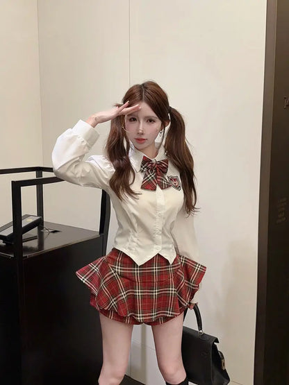2025 improved cute sexy korea jk suit women autumn jk school uniform women shirt plaid pleated half skirt fashion two-piece set