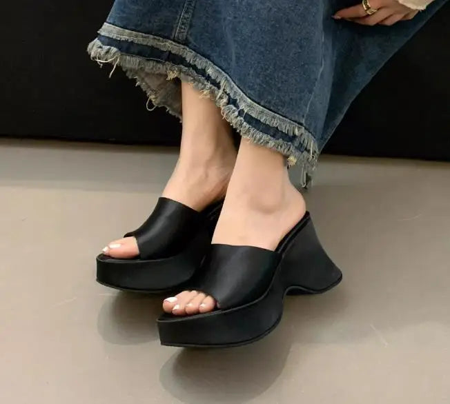 Summer Women's Slippers Fashion Platform Sandals Luxury Leather Casual Slippers High-heele Slippers for Women Open Toe Sandalias