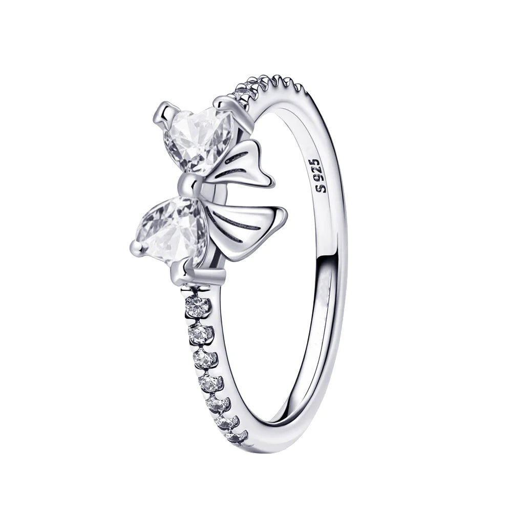 Luxury Original 925 Sterling Silver Heart-shaped Bow Flower Ring fit Women's High-end Jewelry Parties Valentine's Day Gifts