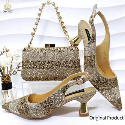 2026 Nigerian Women Heel Ladies Italian Luxury Design Green Shoes And Bag Set Decorated with Rhinestone Handbag Wedding Party