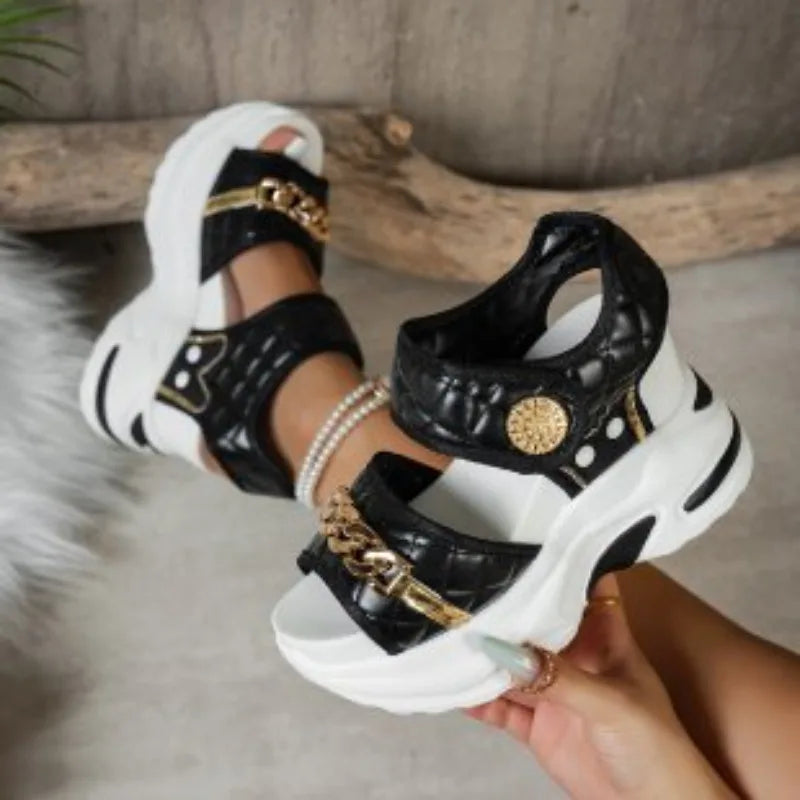 Summer New Women Wedge Sandals 2026 Fashion Metal Decor Solid Thick Bottom Female Shoes Trendy Casual Comfort High Heel Sandals
