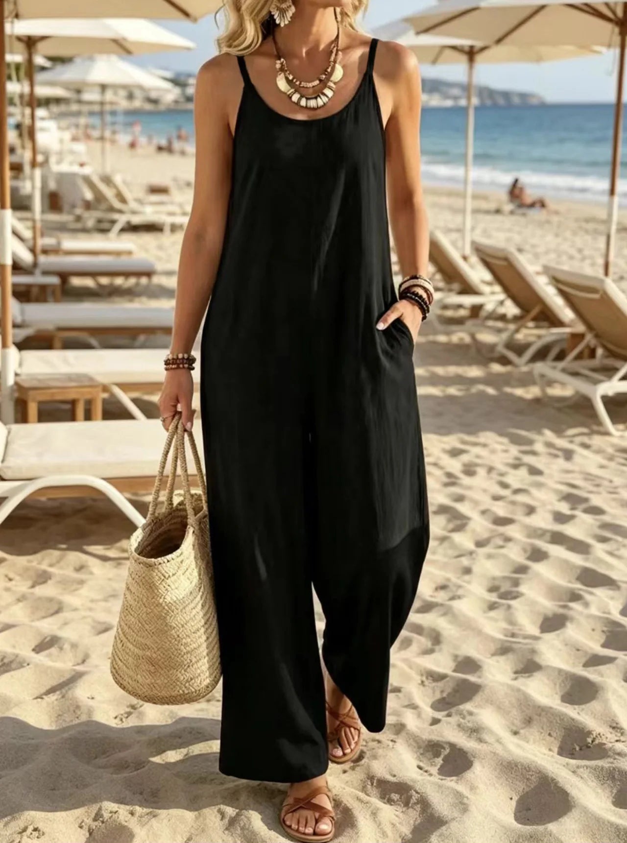 Women's Summer Spaghetti Strap Sleeveless Streetwear Jumpsuits Holiday Simple Chic Playsuits Patchwork Wide Leg Pants Bodysuits