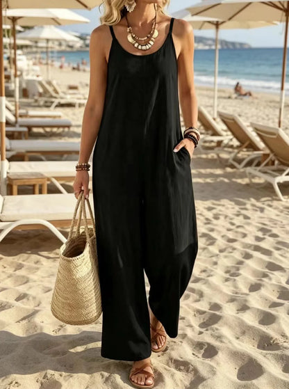 Women's Summer Spaghetti Strap Sleeveless Streetwear Jumpsuits Holiday Simple Chic Playsuits Patchwork Wide Leg Pants Bodysuits