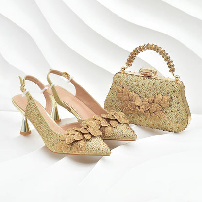 Original Italian Shoes and Bag Set for Women Full Rhinestone Chic and Elegant Woman Shoes and Bag for Party Wedding Pumps