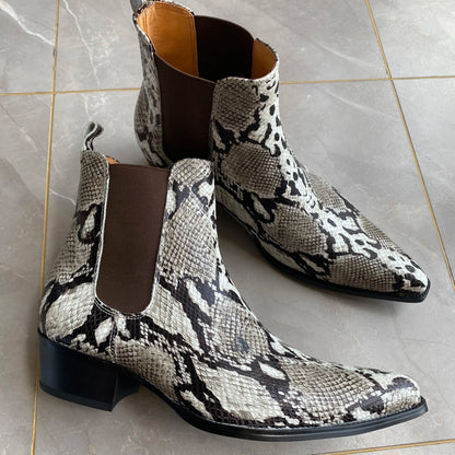 High Top Handmade Pionted Toe Genuine Leather Python Pattern Slip On Cheslea Boots
