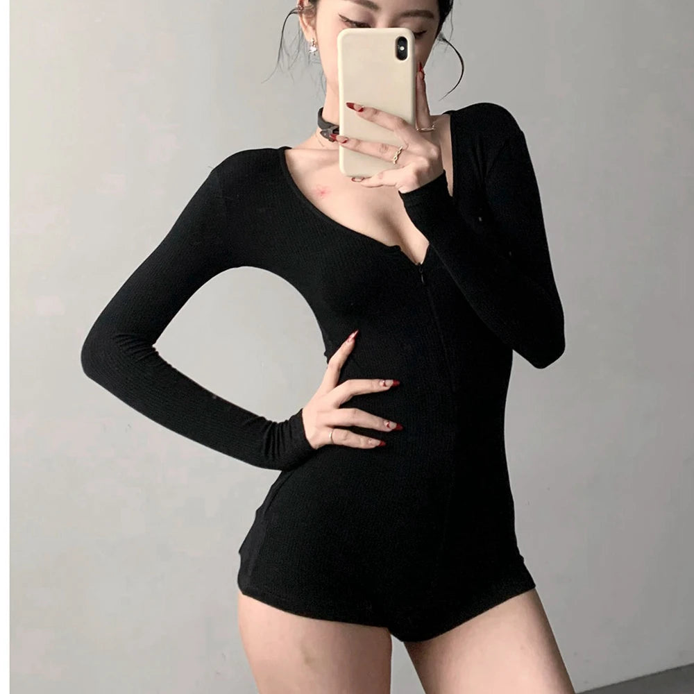 Women's Short Jumpsuits Slim Fit Stretch One Piece Yoga Playsuits Romper Sexy Fitness Female Basic Low-cut Zipper Sportwears