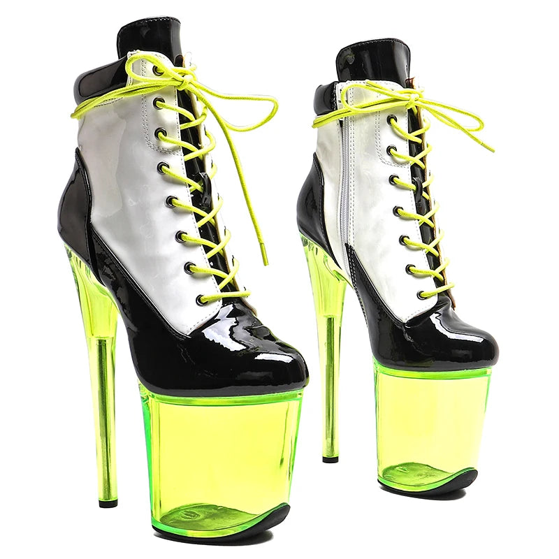 Leecabe  20CM/8inches Patent  PU Upper Black & White  Fashion Trend Sexy Clear High Heel  Platform Ankle Boots Pole Dance Boot