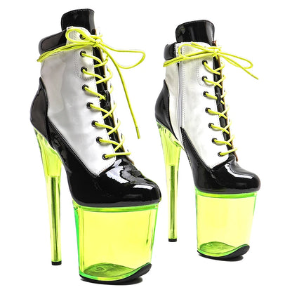 Leecabe  20CM/8inches Patent  PU Upper Black & White  Fashion Trend Sexy Clear High Heel  Platform Ankle Boots Pole Dance Boot