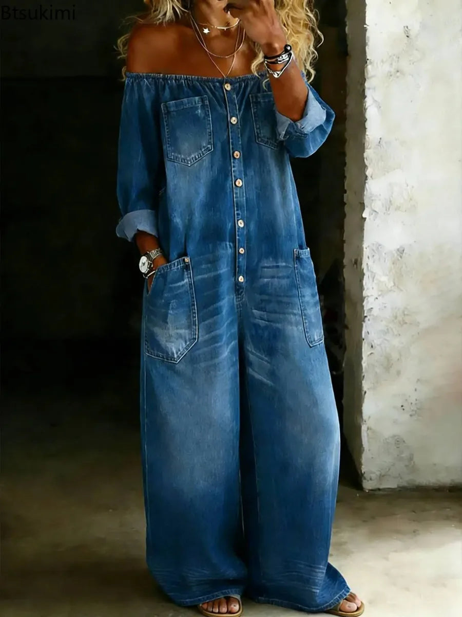 2026 Fashion Retro Imitation Denim Jumpsuit for Women Summer New Single-Breasted Off-shoulder Long Loose Rompers Overalls Pants