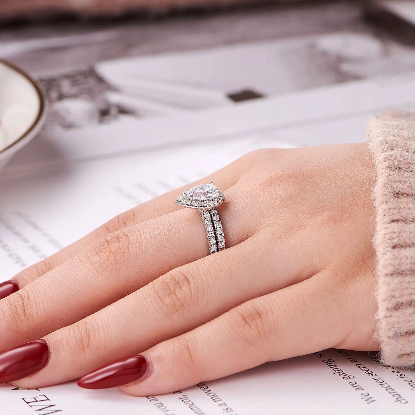 Newshe 2 Pieces Certified Full Moissanite Pear Wedding Ring Sets for Women Solid 925 Sterling Silver Bridal Luxury Jewelry