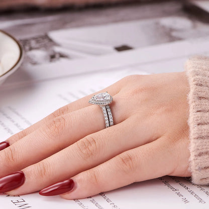 Newshe 2 Pieces Certified Full Moissanite Pear Wedding Ring Sets for Women Solid 925 Sterling Silver Bridal Luxury Jewelry