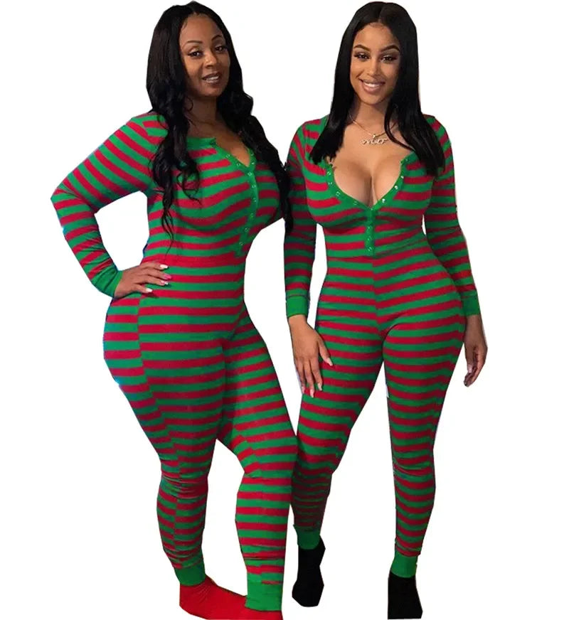 Christmas Women Sexy Bodycon Pajamas Rompers Striped Print Long Sleeve Button O Neck Jumpsuits Playsuits Sleepwear Loungewear