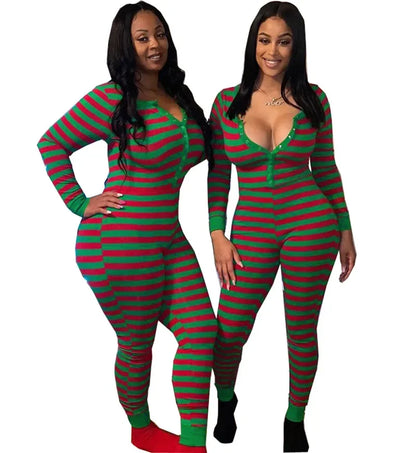 Christmas Women Sexy Bodycon Pajamas Rompers Striped Print Long Sleeve Button O Neck Jumpsuits Playsuits Sleepwear Loungewear