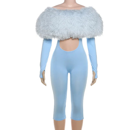 Women Off Shoulder Faux Fur Jumpsuit Long Sleeve Cutout Front Capri Jumpsuits Party Clubwear Bodycon Rompers