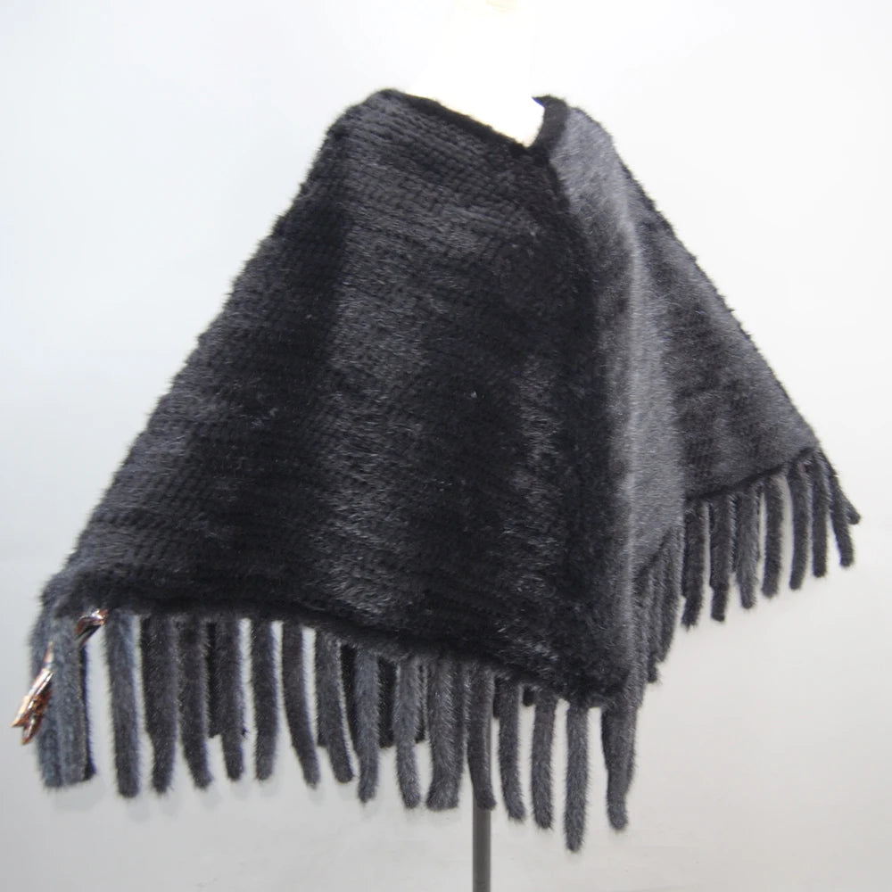 2025 New Fashion Genuine Mink Fur Shawl With Hood Winter Mink Fur Jacket Knitted Real Mink Fur Poncho For Women Natural Fur Wrap