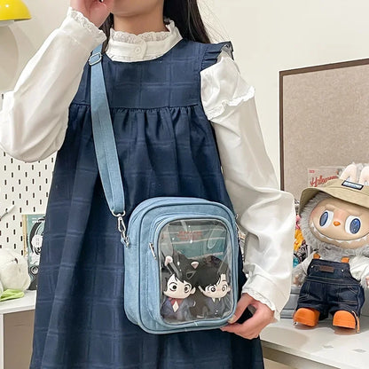 New Denim Ulzzang Ita Bags Female Transparent Badge Doll Show Crossbody Shoulder Bag Individuality Designer 2 Sides Bolso Mujer